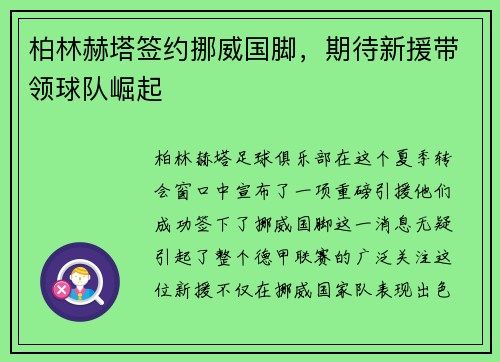 柏林赫塔签约挪威国脚，期待新援带领球队崛起